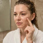 Femme appliquant un sérum visage dans une salle de bain minimaliste en marbre, routine beauté quotidienne