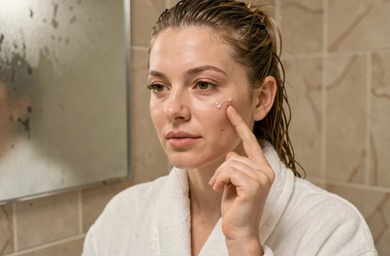 Femme appliquant un sérum visage dans une salle de bain minimaliste en marbre, routine beauté quotidienne