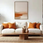 Salon minimaliste scandinave avec canapé en lin crème, tapis en jute et vases céramiques géométriques pour une décoration intérieure moderne