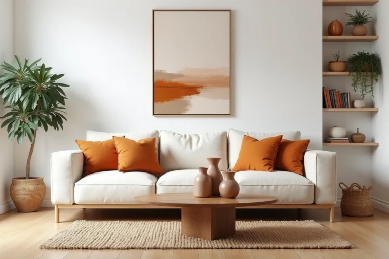 Salon minimaliste scandinave avec canapé en lin crème, tapis en jute et vases céramiques géométriques pour une décoration intérieure moderne