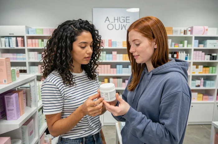Deux femmes comparant des produits de soin visage dans une boutique beauté moderne aux rayons bien organisés