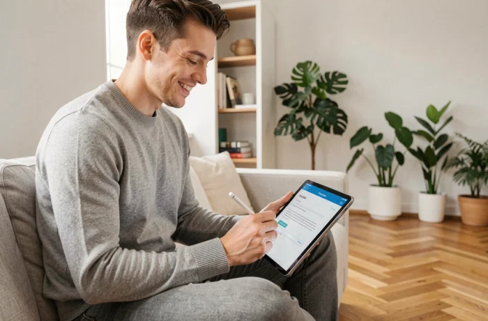 Jeune locataire signant un contrat immobilier numérique sur tablette dans un appartement rénové grâce à une néo agence