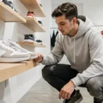 Jeune homme examinant des sneakers en édition limitée dans une boutique de chaussures moderne au design minimaliste