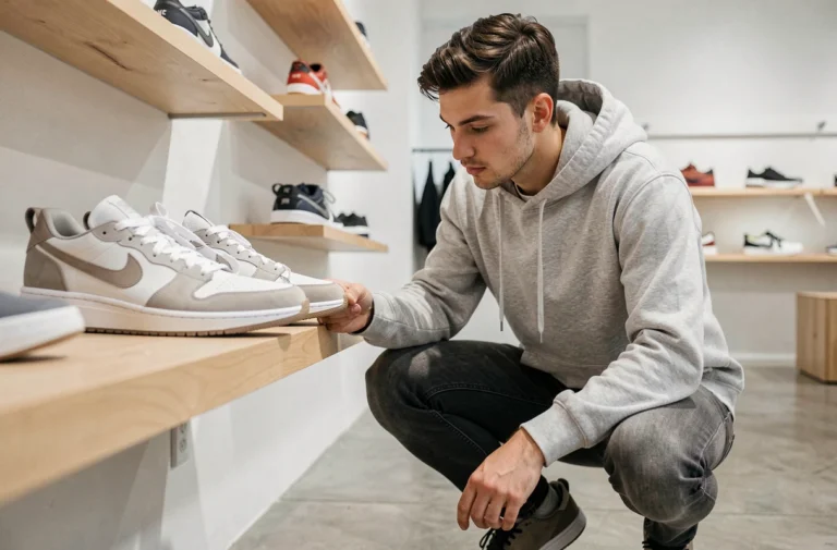 Jeune homme examinant des sneakers en édition limitée dans une boutique de chaussures moderne au design minimaliste