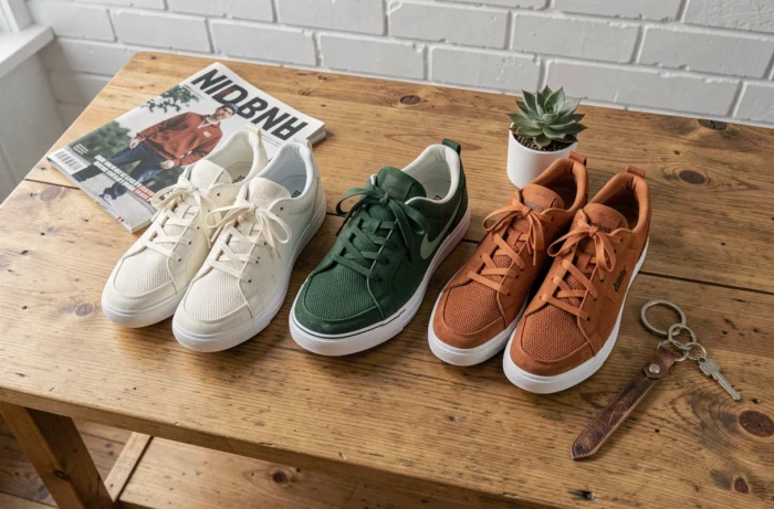 Flatlay éditorial de trois paires de sneakers tendance avec accessoires streetwear sur une table en chêne brut