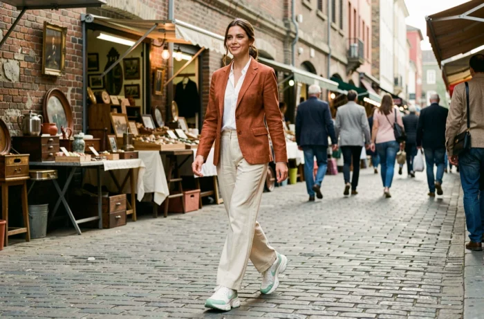 Femme marchant dans un marché urbain avec des sneakers chunky blanches et vert pastel dans une tenue tendance