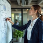Femme d'affaires présentant une stratégie de croissance B2B sur un tableau blanc dans un bureau moderne