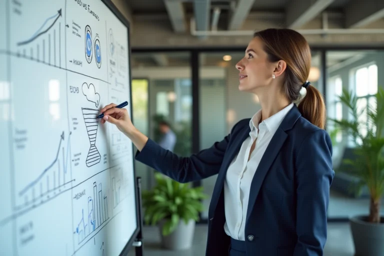 Femme d'affaires présentant une stratégie de croissance B2B sur un tableau blanc dans un bureau moderne