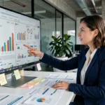 Femme professionnelle analysant une stratégie de marketing digital sur un écran avec des tableaux de bord et graphiques colorés dans un bureau moderne