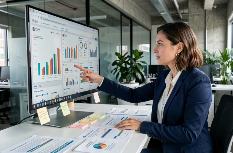 Femme professionnelle analysant une stratégie de marketing digital sur un écran avec des tableaux de bord et graphiques colorés dans un bureau moderne