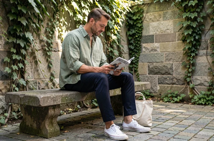 Homme tendance en chemise en lin vert sauge consultant un magazine de mode dans une cour urbaine pavée