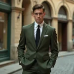 Homme en costume mod style années 60 dans une rue pavée vintage avec costume ajusté vert olive et cravate noire fine