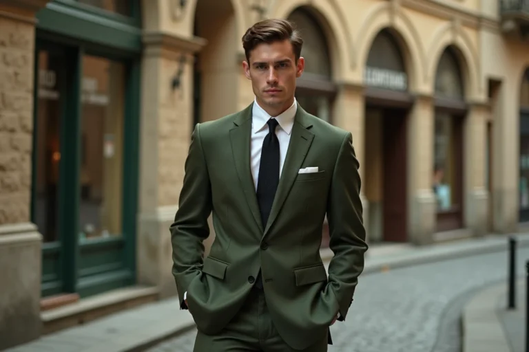 Homme en costume mod style années 60 dans une rue pavée vintage avec costume ajusté vert olive et cravate noire fine