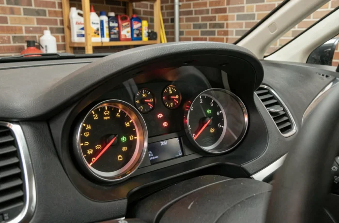 Gros plan sur le tableau de bord d'une Opel Meriva avec plusieurs voyants d'alerte allumés en rouge et orange pour diagnostic