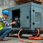 Technicien inspectant un groupe électrogène industriel portable sur un chantier de construction avec câbles d'alimentation orange