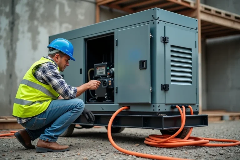 Technicien inspectant un groupe électrogène industriel portable sur un chantier de construction avec câbles d'alimentation orange