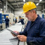 Technicien de maintenance industrielle utilisant une tablette numérique pour inspecter une ligne de production active en usine