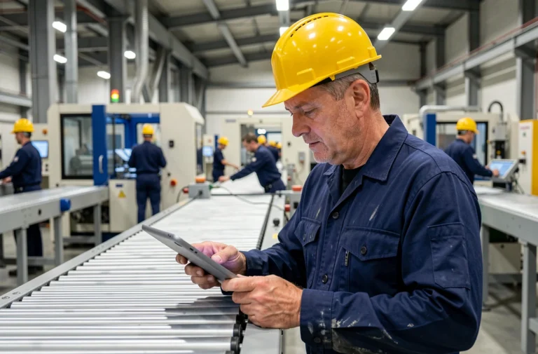 Technicien de maintenance industrielle utilisant une tablette numérique pour inspecter une ligne de production active en usine