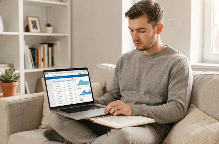 Jeune homme travaillant en télétravail sur une stratégie de marketing digital avec des données SEO et des métriques publicitaires affichées sur son ordinateur portable