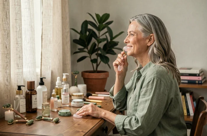 Femme mature utilisant un rouleau de quartz rose sur sa table de maquillage avec des produits de soin naturels