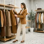 Jeune femme élégante en blazer camel découvrant les nouvelles tendances mode dans une boutique parisienne minimaliste