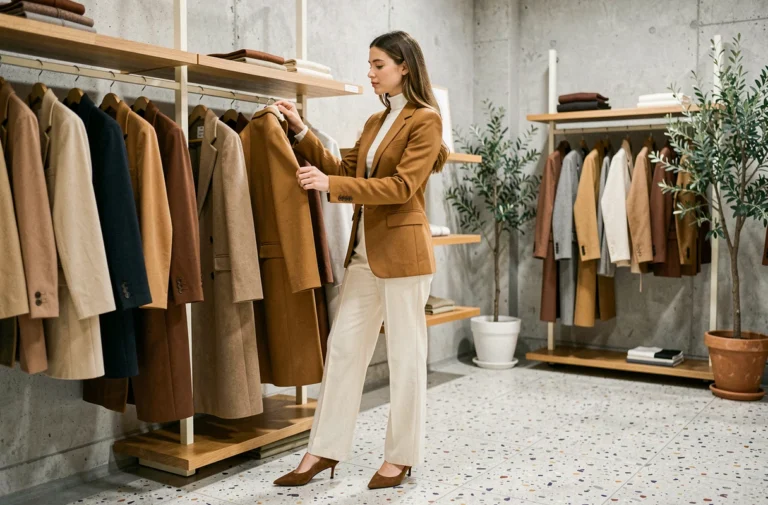 Jeune femme élégante en blazer camel découvrant les nouvelles tendances mode dans une boutique parisienne minimaliste