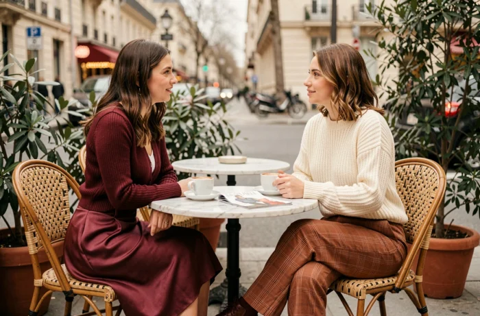 Deux femmes tendance assises en terrasse de café parisien portant des tenues mode automnales contrastées, jupe satin bordeaux et pull grosse maille crème
