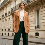 Femme élégante portant un blazer camel oversize et un pantalon large vert forêt dans une rue pavée parisienne, tendances mode automne-hiver