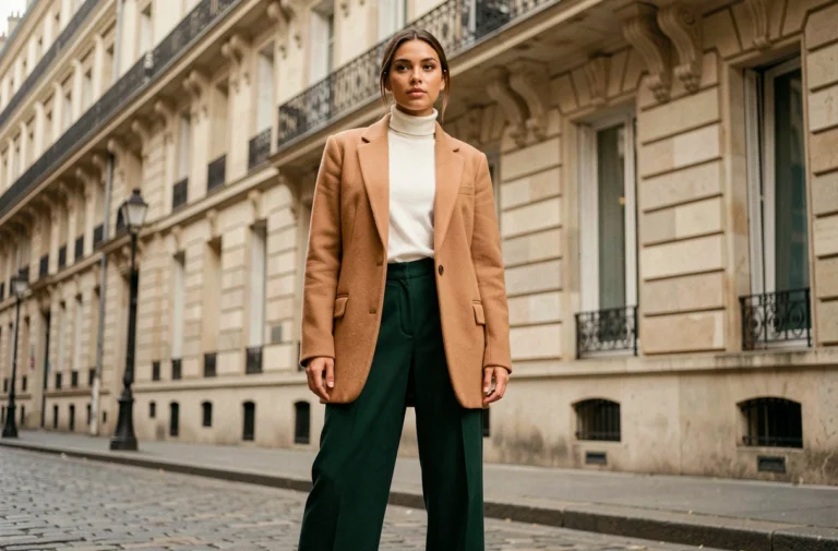 Femme élégante portant un blazer camel oversize et un pantalon large vert forêt dans une rue pavée parisienne, tendances mode automne-hiver
