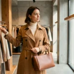 Femme élégante en trench-coat camel explorant les tendances mode dans une boutique parisienne minimaliste