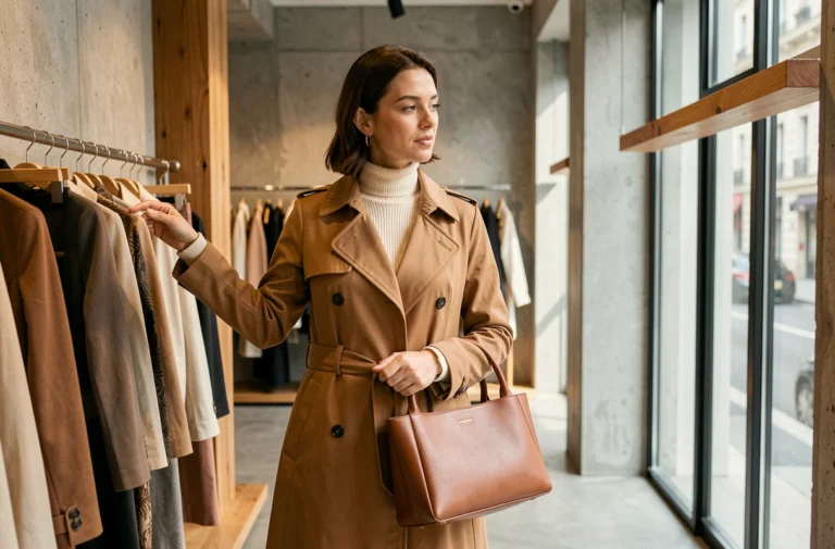 Femme élégante en trench-coat camel explorant les tendances mode dans une boutique parisienne minimaliste
