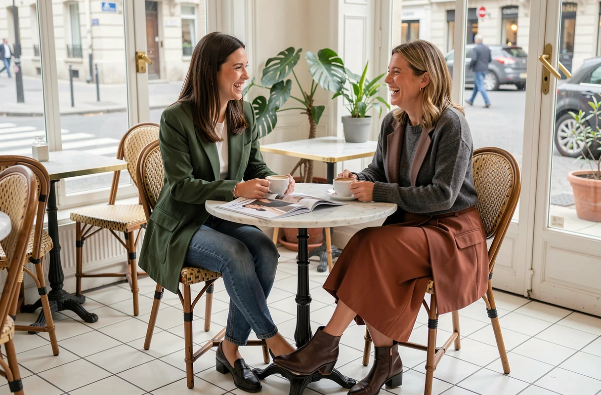 Deux femmes élégamment habillées discutant des tendances mode automnales dans un café parisien lumineux