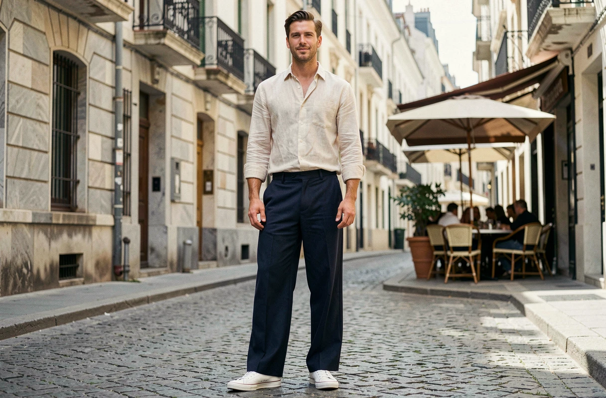 Homme stylé en pantalon large et chemise en lin dans une rue pavée européenne tendance street style