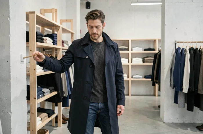 Homme stylé en trench coat marine explorant les rayons d'un concept store minimaliste, nouvelles tendances mode masculine saison