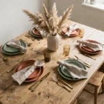 Table dressée avec vaisselle en grès mat terracotta et vert sauge, couverts en laiton et centre de table en herbe de pampa, style scandinave élégant