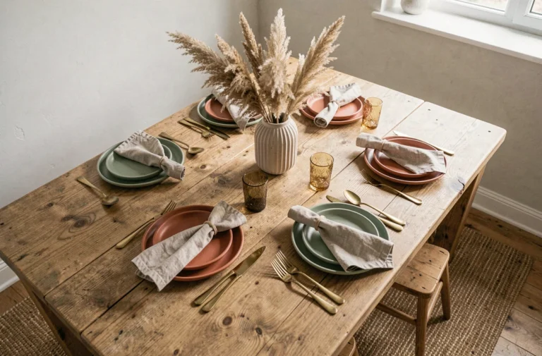 Table dressée avec vaisselle en grès mat terracotta et vert sauge, couverts en laiton et centre de table en herbe de pampa, style scandinave élégant