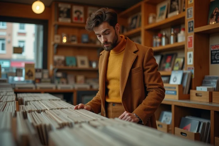 Homme en tenue rétro années 60 avec col roulé moutarde et manteau camel dans un magasin de disques vintage