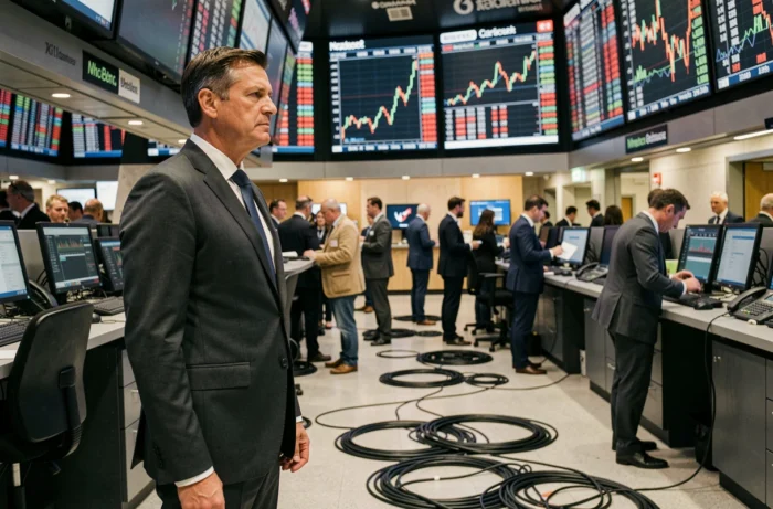 Trader masculin sur un parquet boursier face aux indices financiers en temps réel