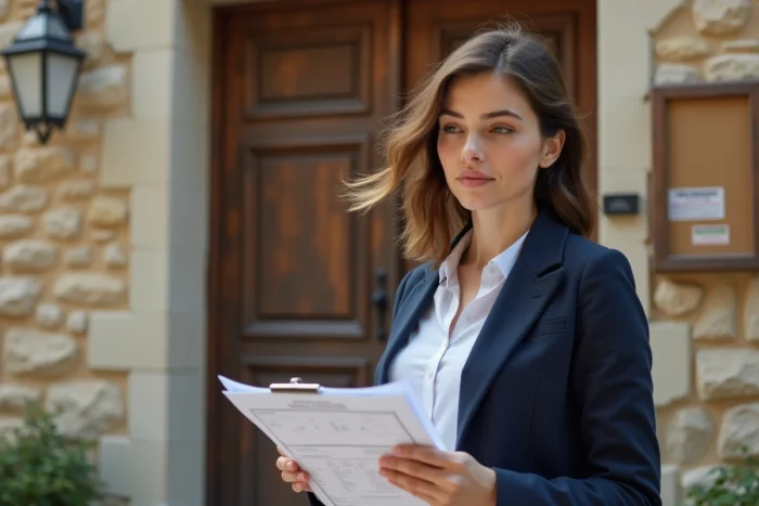 Femme urbaniste consultant un permis de construire devant une mairie rurale française