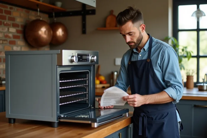 Homme consultant une notice devant un four à vapeur posé sur un îlot de cuisine en bois