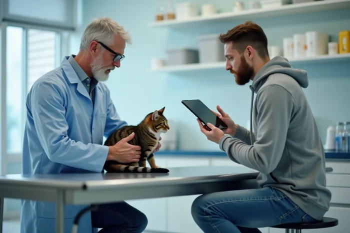 Vétérinaire examinant un chat tigré pendant qu'un propriétaire compare des mutuelles animaux sur tablette