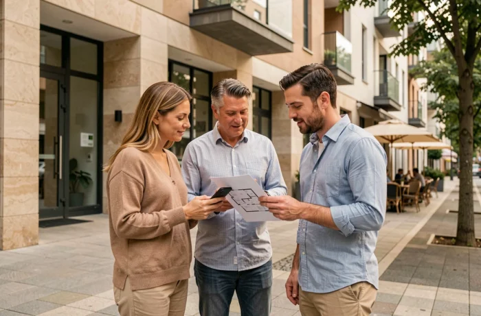 Couple visitant un appartement avec un agent d'une néo agence immobilière qui présente le bien sur smartphone