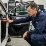 Mécanicien examinant le voyant clé orange allumé sur le tableau de bord d'une Peugeot 208 dans un garage automobile