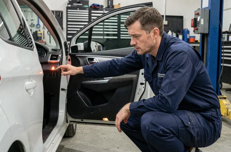 Mécanicien examinant le voyant clé orange allumé sur le tableau de bord d'une Peugeot 208 dans un garage automobile