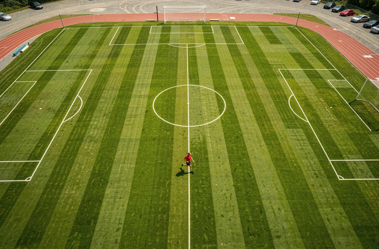 Vue aérienne d'un terrain de football avec un coureur effectuant des tours pour calculer la distance en kilomètres